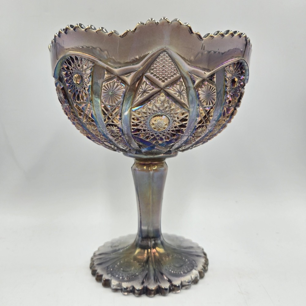 Vintage Imperial Glass Octagon Compote Smoke Carnival Glass Pedestal Candy Dish